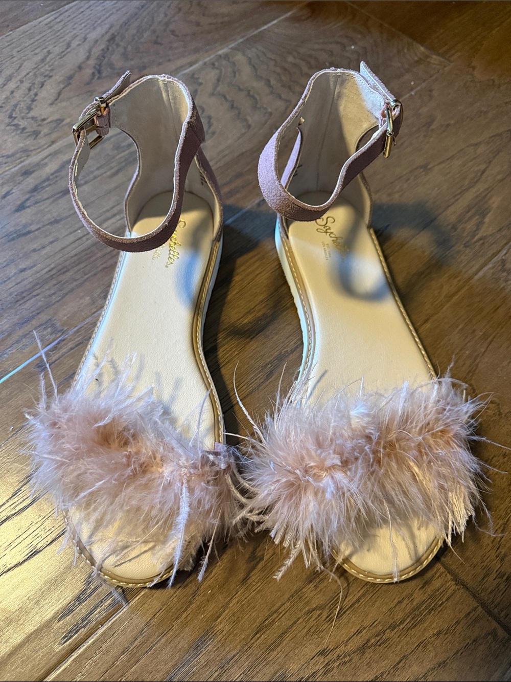 Seychelles Feather-Trim Ankle-Strap Sandals in Blush